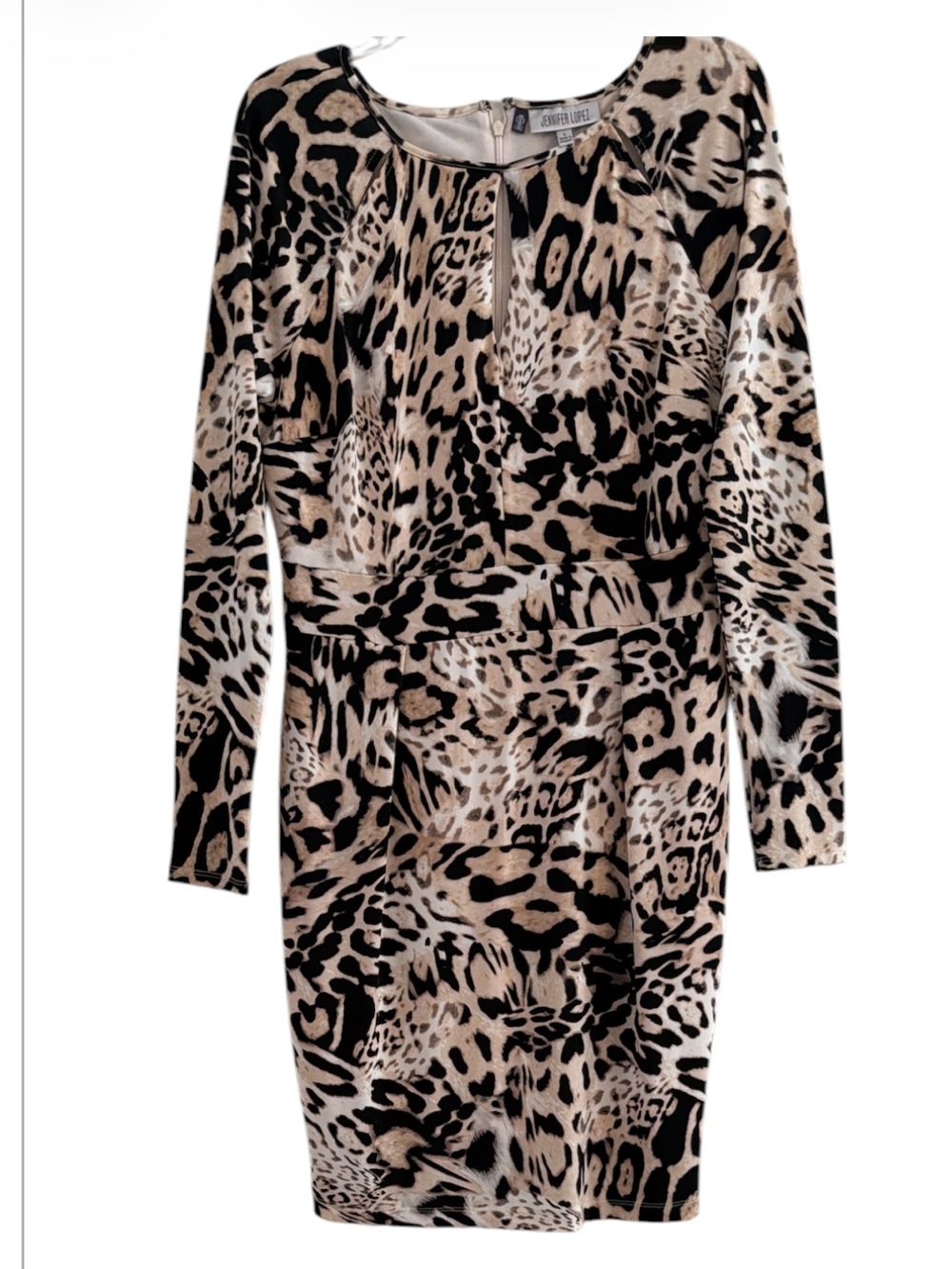 Jennifer Lopez JLO Lined Cheetah Leopard Print Keyhole Long Sleeve Dress L